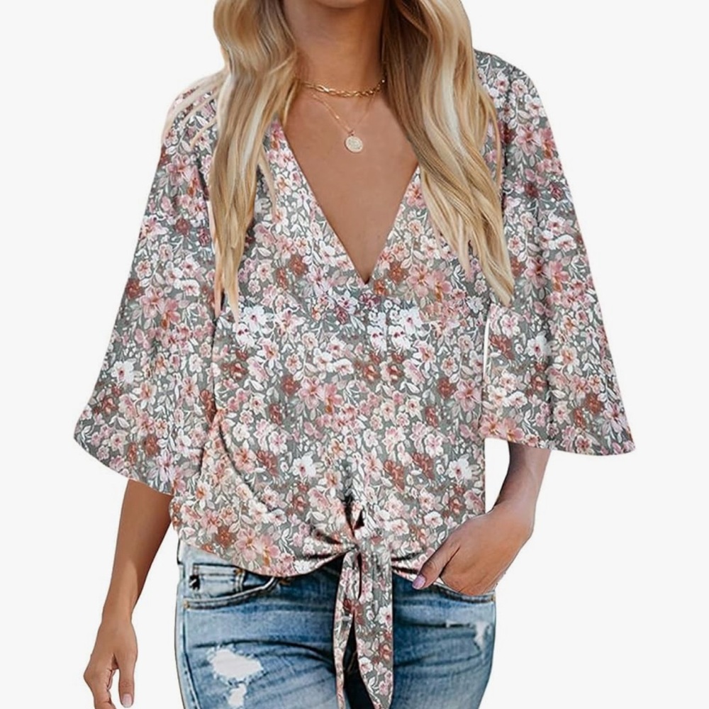 Floral V-Neck Tie-Front Blouse